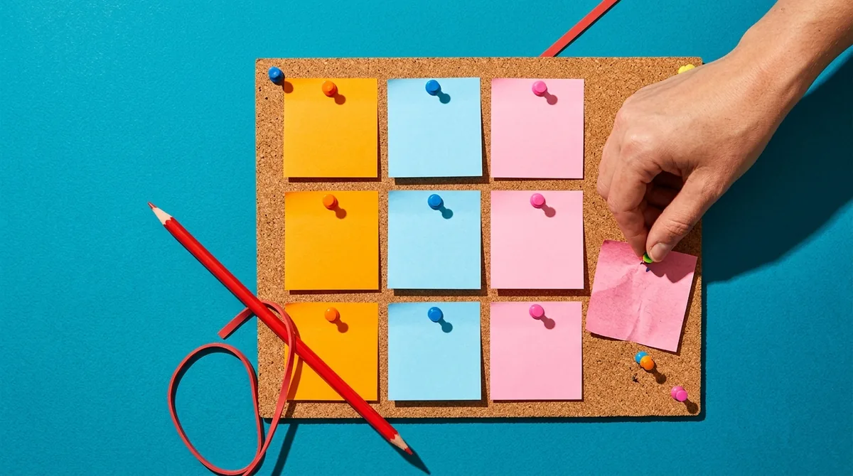 A hand pinning the last coloured note to a cork board, getting ideas in order before asking for a quote